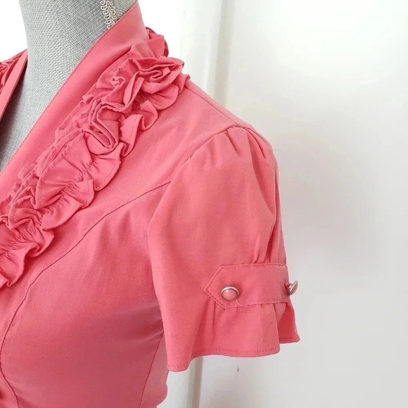 Womens Coral Pink Stretch Button Front Ruffle Flut - Picture 4 of 7
